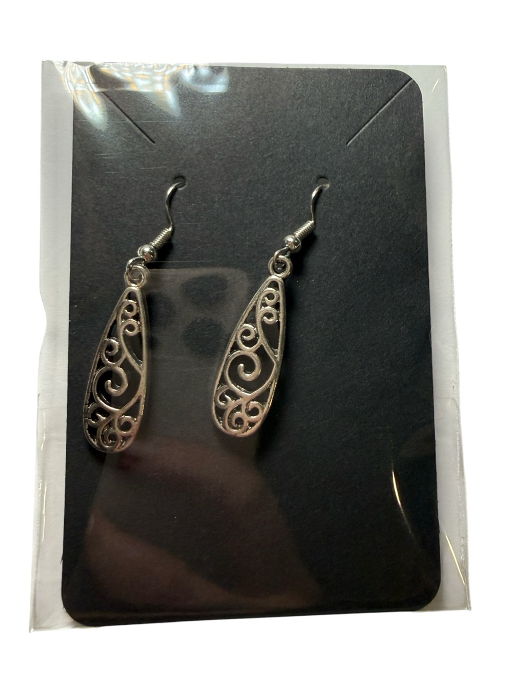 Silver Filigree Teardrop Swirl Dangle Earrings Whimsygoth Openwork Scrollwork - Picture 3 of 7